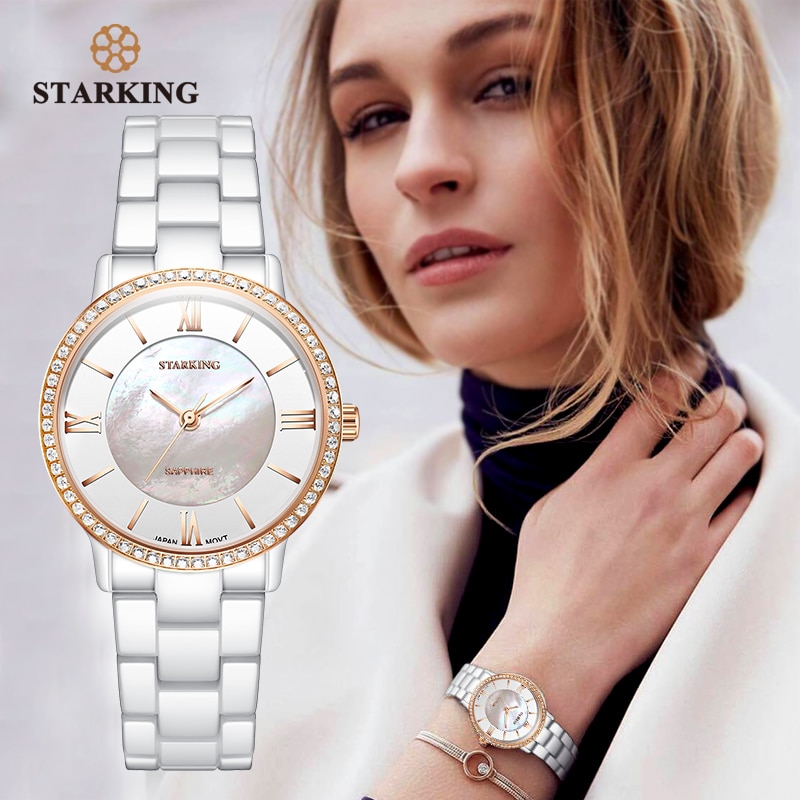 Starking Brand Luxe Vrouwen Horloges Witte Keramische Diamant Dameshorloge Sapphire Quartz Horloge Relogios Femininos Klok