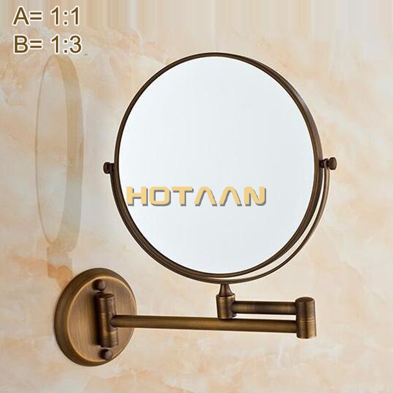Antique 8&quot; Double Side Bathroom Folding Brass Shave Makeup Mirror Wall Mounted Extend with Arm Round 1x3x Magnifying YT-9102-F