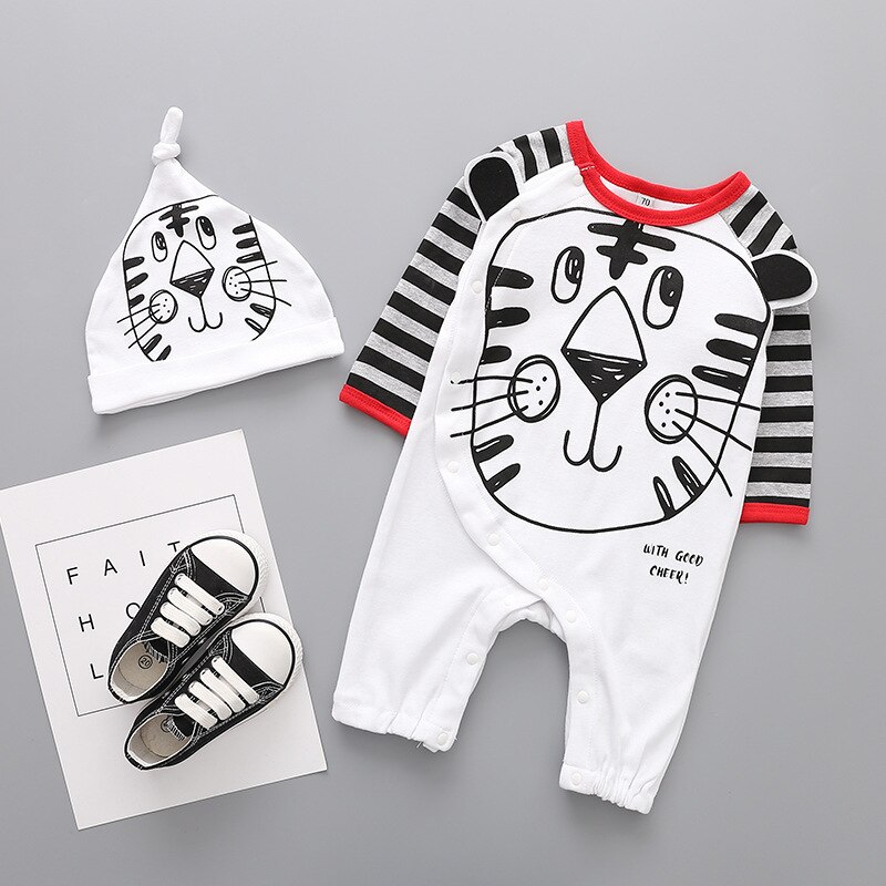 Baby Katoen Lange Rompertjes Baby Jongen Een Stuk Dier Leeuw Gedrukt Jumpsuit met Hoed Set Side Knop Open Rompertjes Jongens outfit