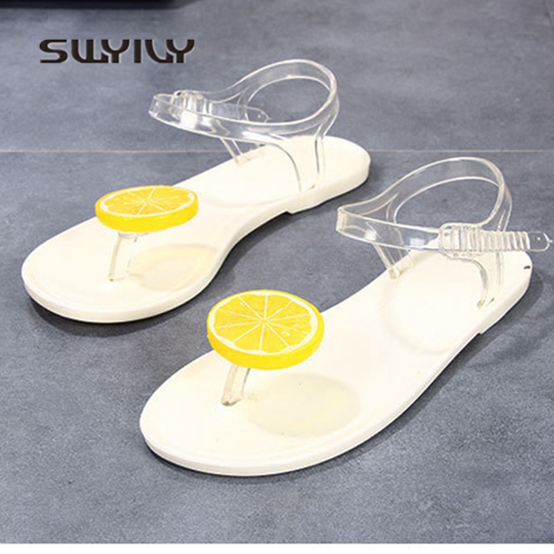 SWYIVY – sandales plates en PVC pour femmes, tongs à fruits antidérapantes, en gelée, de loisirs, de plage, grande taille, 40: yell white / 38