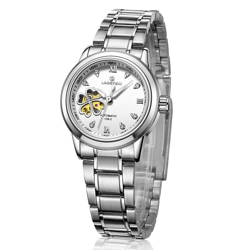 Vrouwen Automatische Mechanische Horloges Diamant Klavertje Vier Horloges Dames Rose Lederen Horloge Waterdicht Senhoras Assistir: Bruin