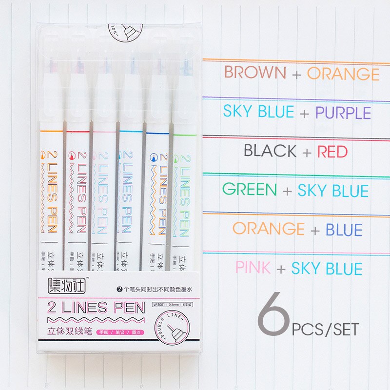 Andstal 2 linjers kuglepen sæt 0.5mm doule line art markør pen fine liner markører fineliner farve blæk tegne scrapbog journaling penne: 6 farver værdisæt