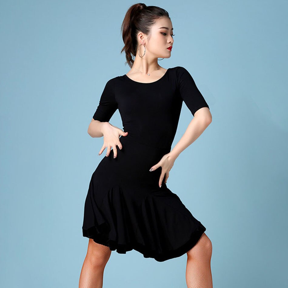 Vestido de dança latina mulher nua volta vestido de manga curta para salão de baile samba tango chacha dança performamnce ss015