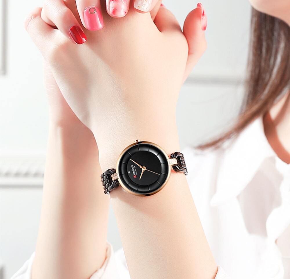 Curren zwarte dameshorloge met armband, luxe quartz analoog roestvrij staal, waterdichte dameshorloges