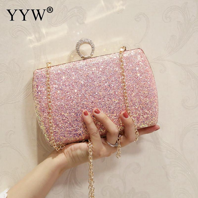 Vrouwen Wit Pailletten Keten Handtas Sparkling Party Vinger Ring Avond Envelop Clutch Bag Hard Wallet Tote Purse