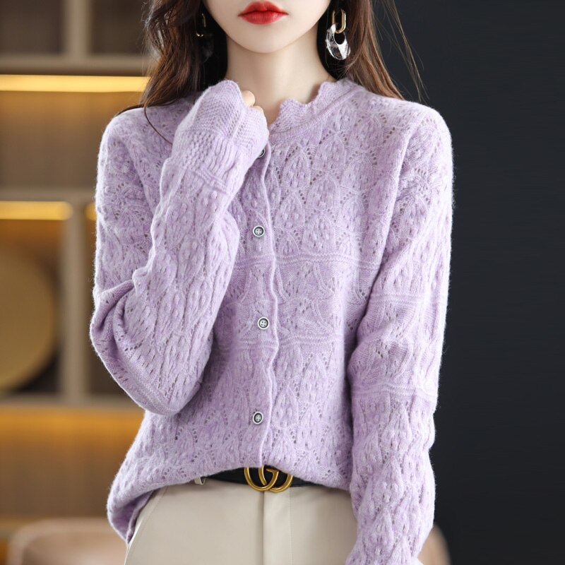 Suéter verde de lana pura para mujer, Rebeca de punto hueco, Top de Cachemira, ropa francesa de , primavera y otoño, novedad