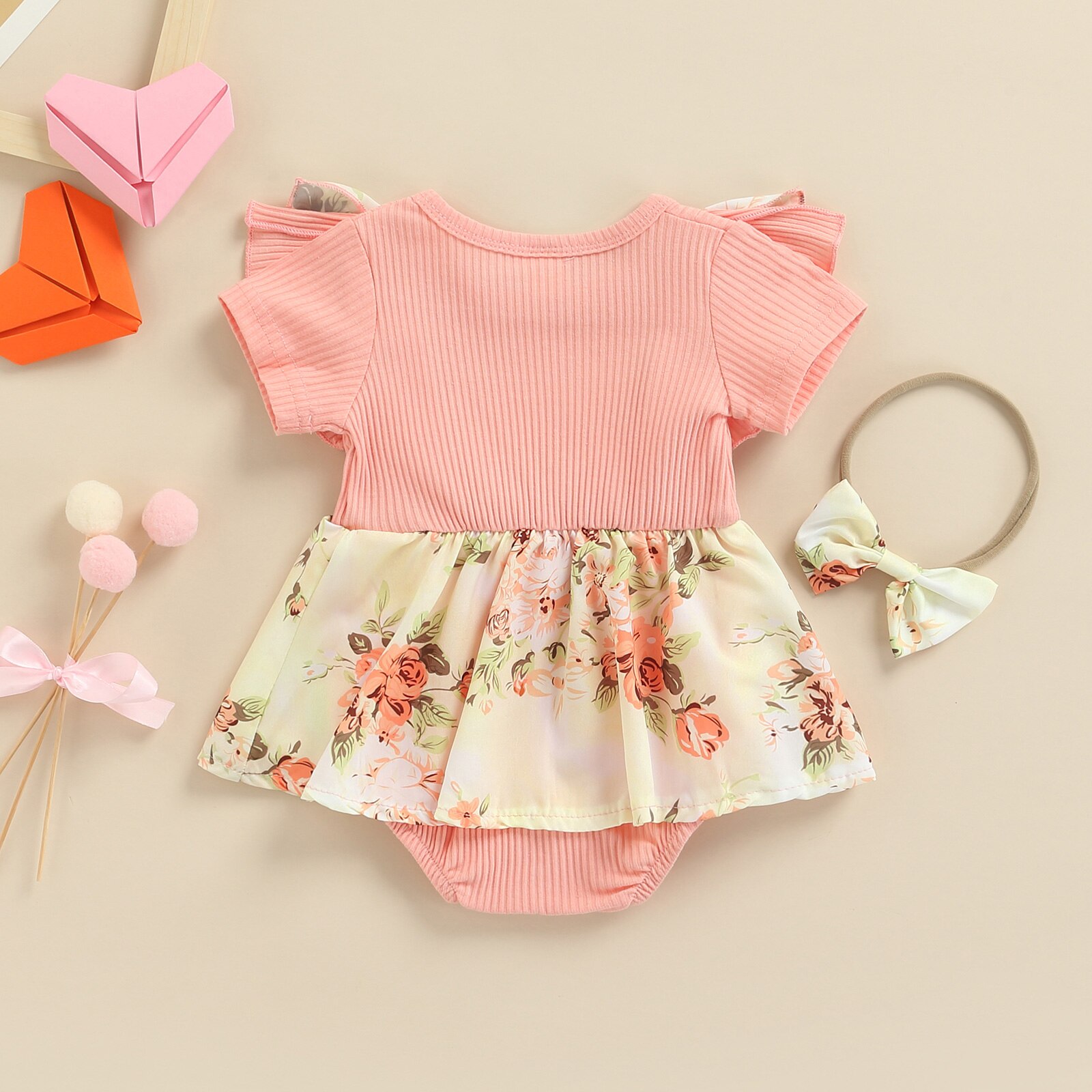 Ensemble 3 pièces pour bébés filles, vêtements imprimés floraux, en coton tricoté, manches courtes, bretelles, bandeau, tenue