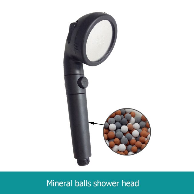 Ahorro de agua de alta presión negro mate ducha de filtro cabeza con parada Buttoon 3 modos bolitas minerales cabezas de ducha accesorios de baño: C193-black-mineral b