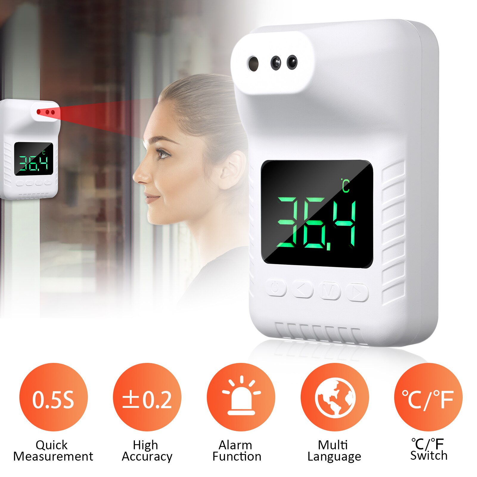 Non-contact Infrarood Thermometer Wandmontage Automatische Voorhoofd Thermometers Digitale Temperatuur Koorts Alarm Lcd Display