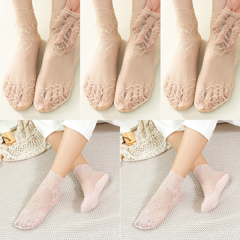 calcetines mujer calcetines tobilleros mujer calcetines invisibles mujer verano Lolita-Calcetines invisibles de encaje para mujer, medias finas, transparentes, antideslizantes y poco profundas, lote de 5 pares: Naranja