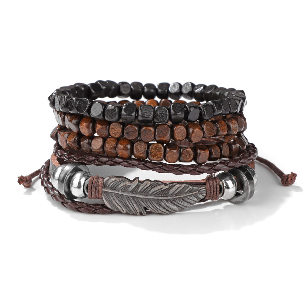 Pulsera de cuentas de madera multicapa para hombre, pulsera de cuerda de cuero marrón Vintage hecha a mano, pulseras nuevas étnicas, brazalete, de joyería 2024: Marrón rojizo