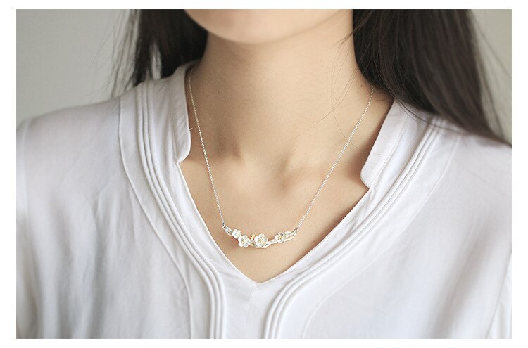 925 Sterling Silver Necklaces Plum Flower Pendants&Necklaces Jewelry Collar Colar de Plata