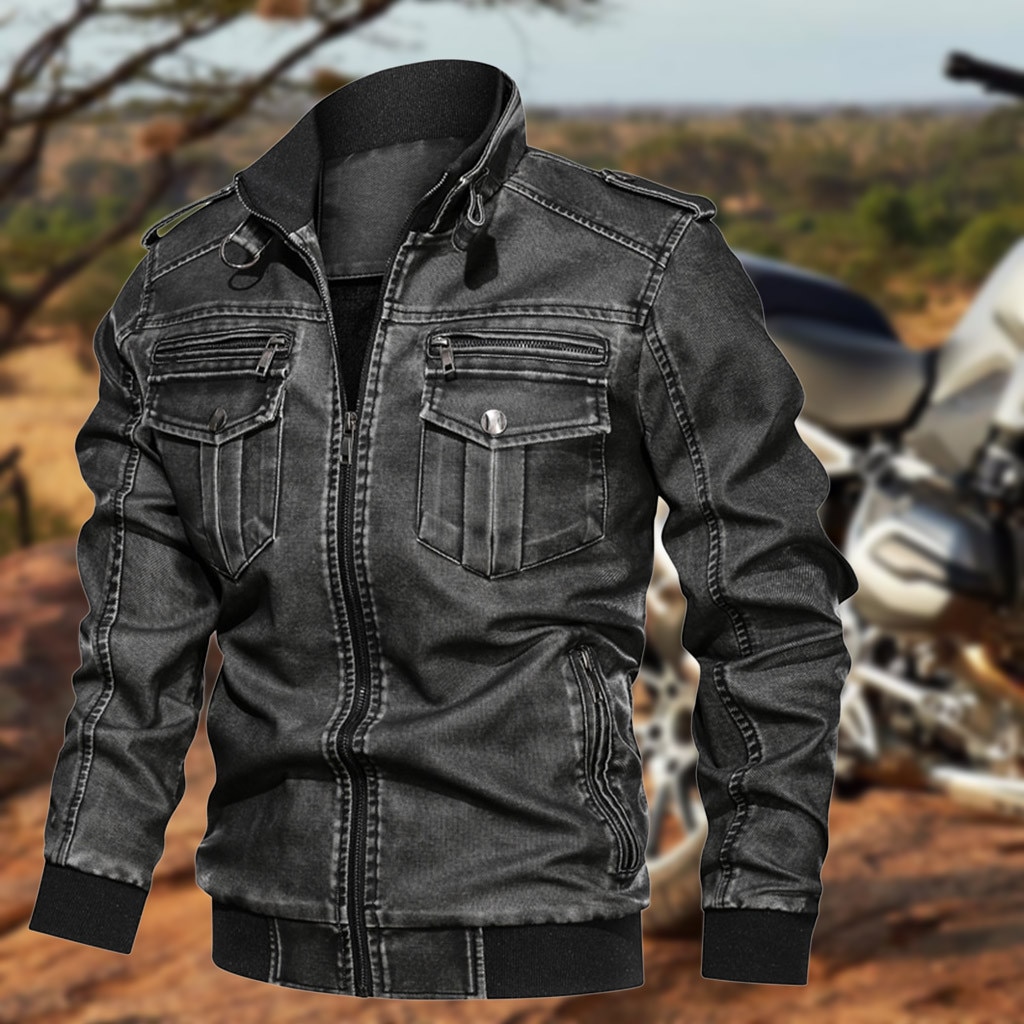 Men's Denim Jacket Big Size Solid Causal Washed leather Jacket With Stand Collar Independent station size Selling