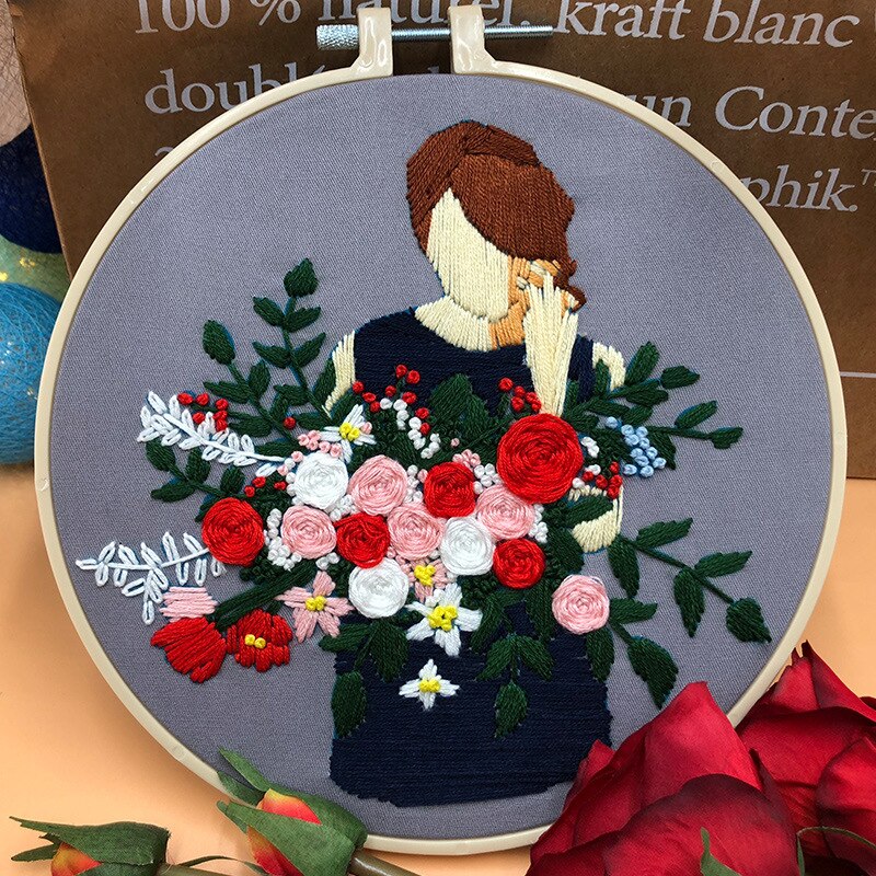 Kit de bordado de ramo de niña moderna, bordado artesanal, patrón de planta de casa, punto de cruz para principiantes (con ARO)