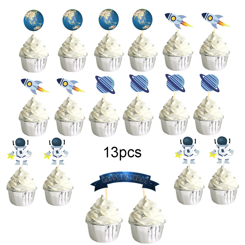 Rum kage topper tegneserie raket kage dekoration tillykke med fødselsdagen banner børn fødselsdag temafest fødselsdag kage topper forsyninger: 13 stk kage topper