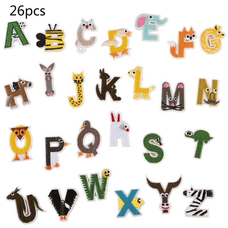 26Pcs English Letters Patches Cartoon Animal Alphabet Embroidered Applique Iron On/Sewing Badge for Kids Clothes DIY: 6EE502002-B