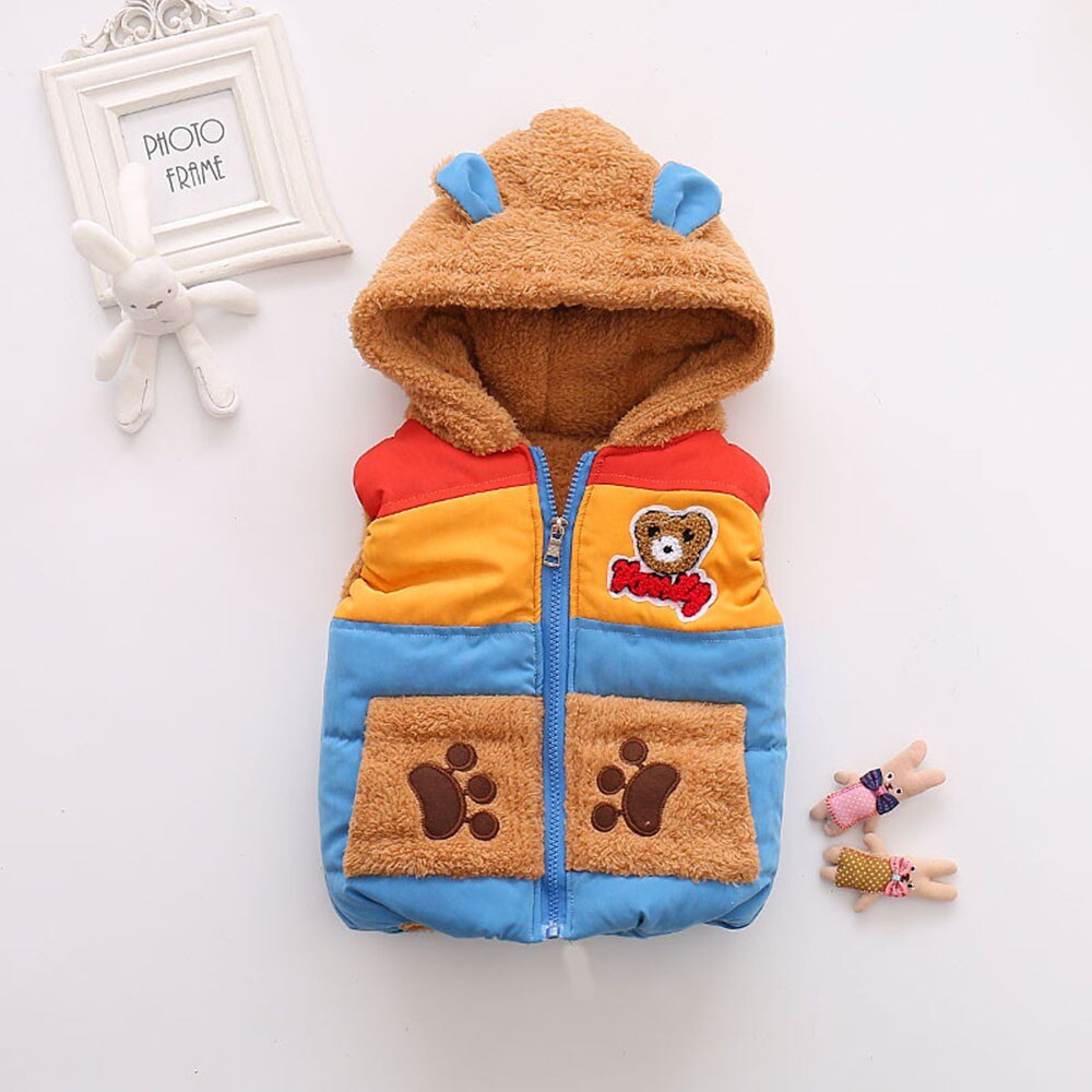 Leuke Herfst Winter Baby Jongens Bovenkleding Beer Cartoon Hooded Mouwloos Vest Dikke Warme Katoenen Vest Kleding: Light Blue / 12m