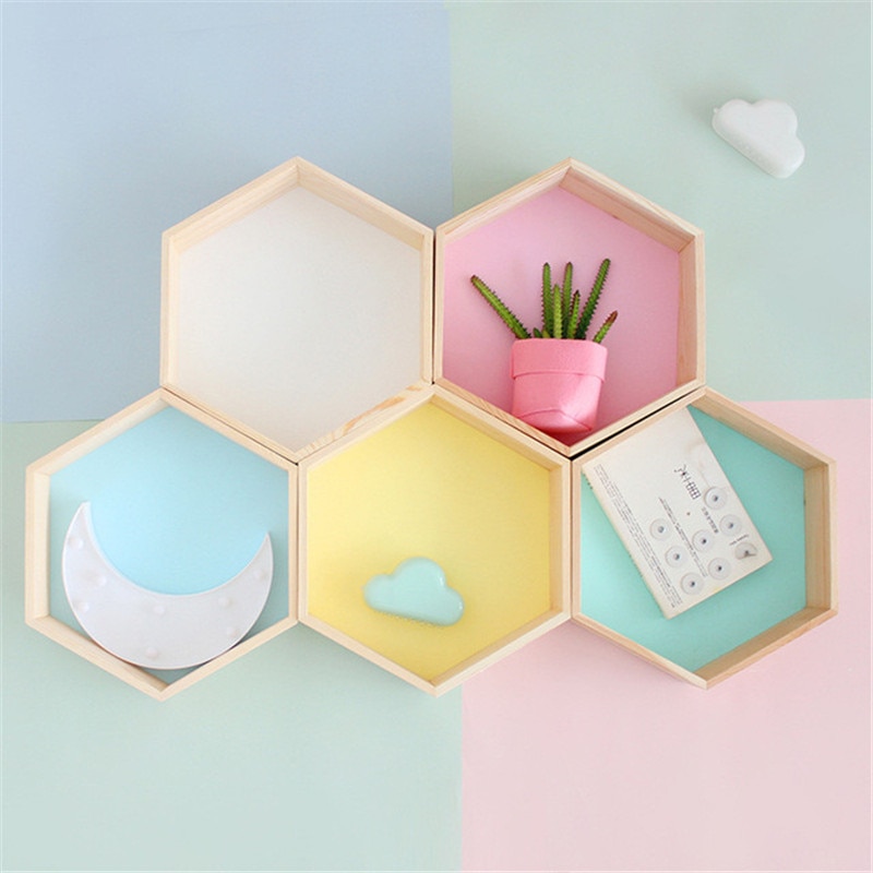Neue Holz Hexagon Wanddekoration Baby Zimmer/Schlafzimmer Candy Organisation Aufhänger Fotografie Requisiten Regale Storage Decor Polygon Box