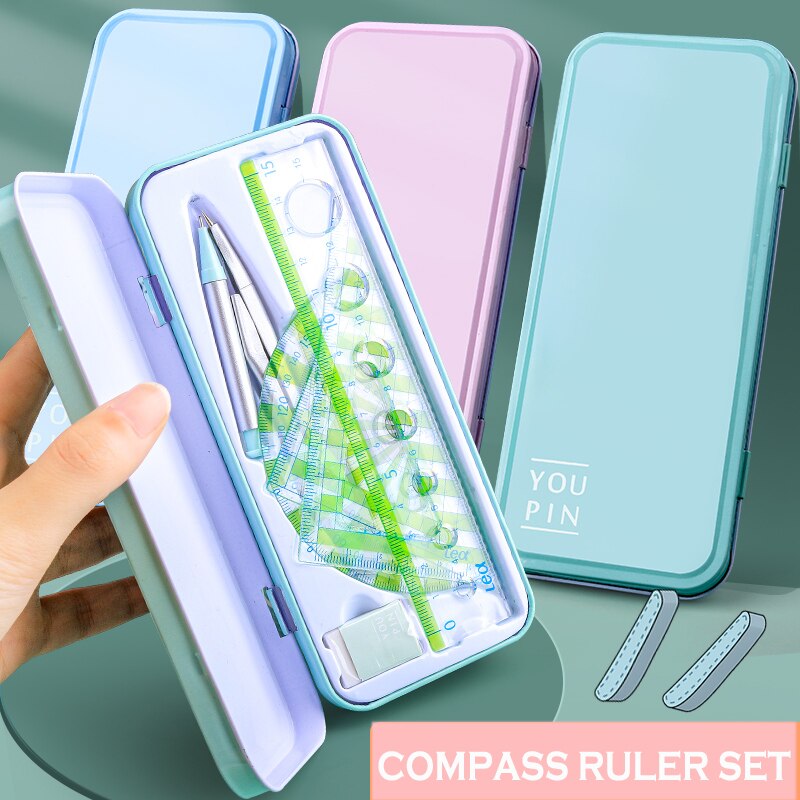 7Pcs/Set Ruler Compass with Metal box Geometry Maths Drawing Compass Stationery Rulers Mathematical compass for School