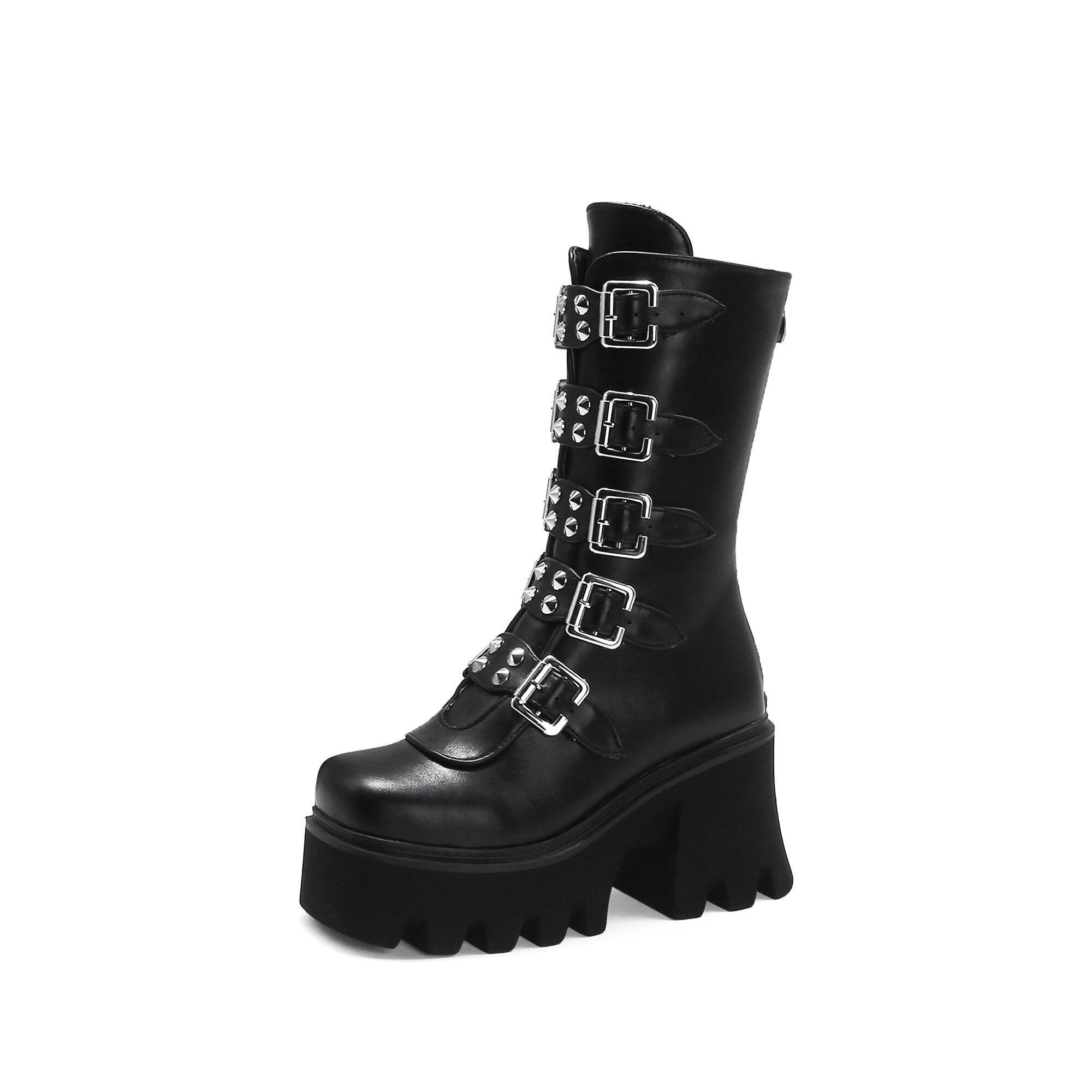 Botas de plataforma estilo gótico Punk para mujer, zapatos de media pantorrilla con cuña y cremallera, botas militares de combate, para invierno, con correa de Hebilla negra: 9