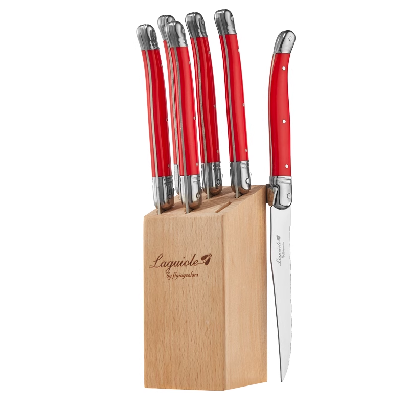 Conjunto de facas de bife de aço inoxidável, 6 peças/7 peças, facas de bife laguiole com suporte de madeira, faca de jantar de aço colorida, conjunto de talheres de natal: Vermelho
