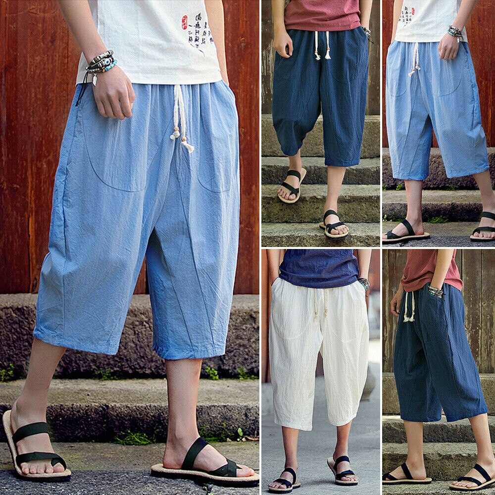Sommer menn fritids sport cargo overall bukser joggebukser cropped legglengde løs linbukser med elastisk midje