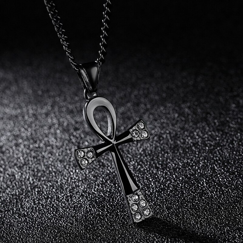 Vintage Klassieke Egyptische Kruis Ketting Voor Mannen Persoonlijkheid Punk Farao Rvs Hanger Crystal Zirkoon Sieraden: Black