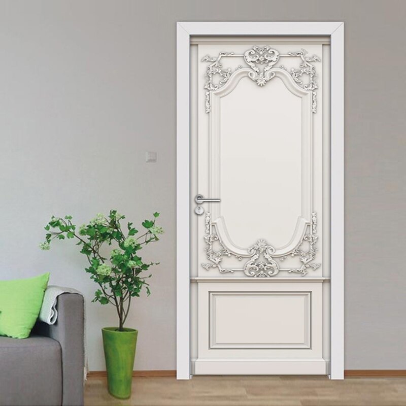 European Style Self Adhesive Door Sticker Wallpaper 3D Relief Plaster Carved Living Room Bedroom Door Mural Sticker Wall Decals