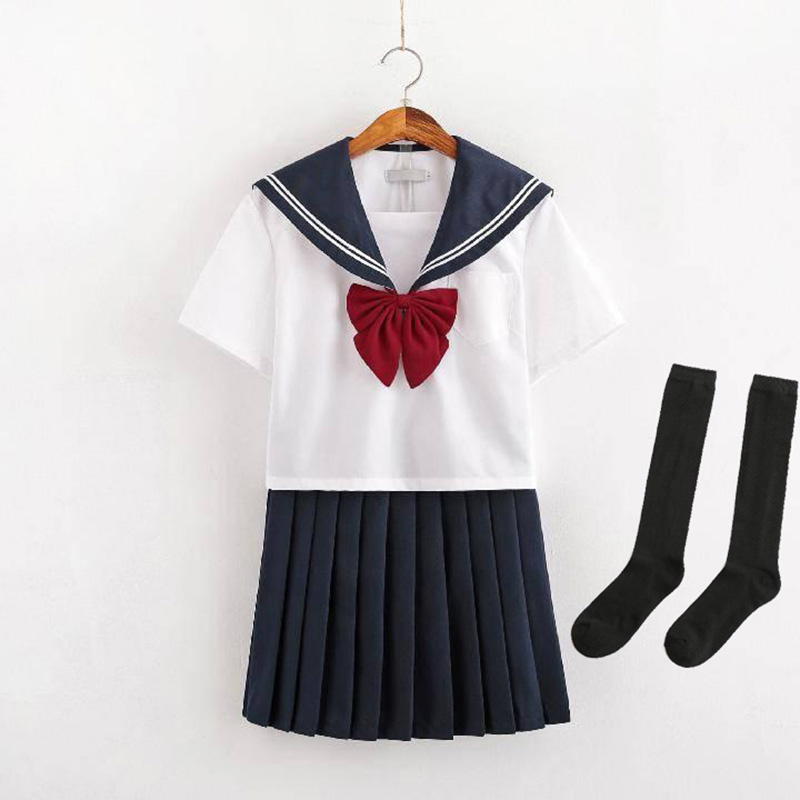 Uniforme scolaire japonais Jk, uniformes de classe de filles blanches de marin de la marine, vêtements d&#39;étudiants Anime Cosplay, costumes de marin, ensemble de jupe plissée: Short Sleeve Set / 2XL 60kg-67kg