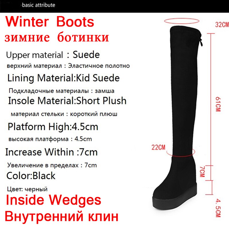 Cuissardes daim plate-forme bottes d'hiver femmes sur le genou bottes compensées talons hauts fourrure chaussures femme bottes longues