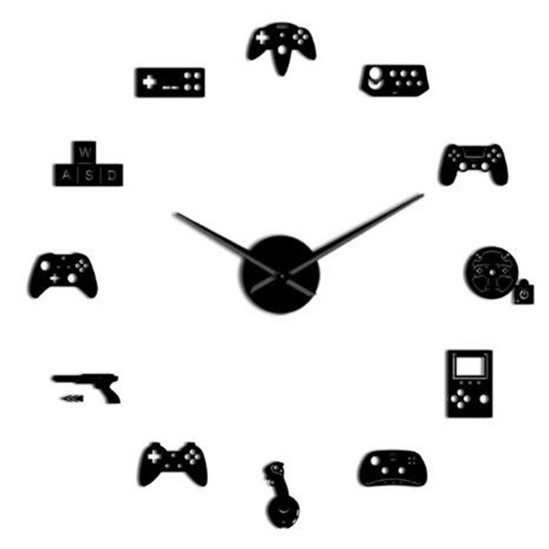 Cool manette horloge murale grand garçon chambre contrôleur de jeu vidéo Joysticks Gamer papier peint autocollants montre bricolage salle de jeu décor: Black KYR1161