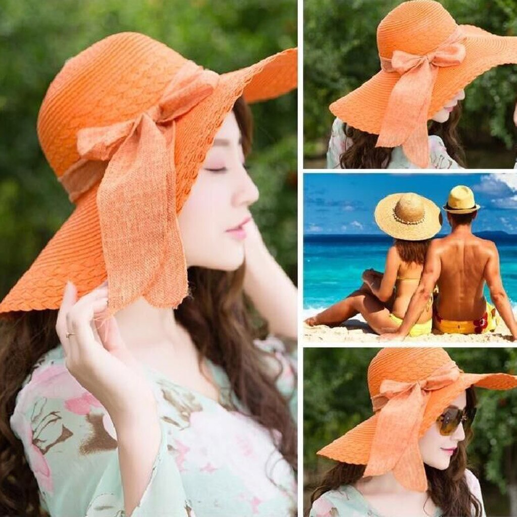 Women Colorful Big Brim Straw Bow Hat Sun Floppy Wide Brim Hats Beach Cap