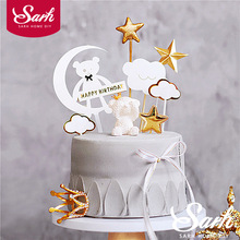 Moon Bow Tie Bear Cake Topper Pink White Crown Bear Decorations Happy Birthday Party for Wedding Baking Supplies Kid Love