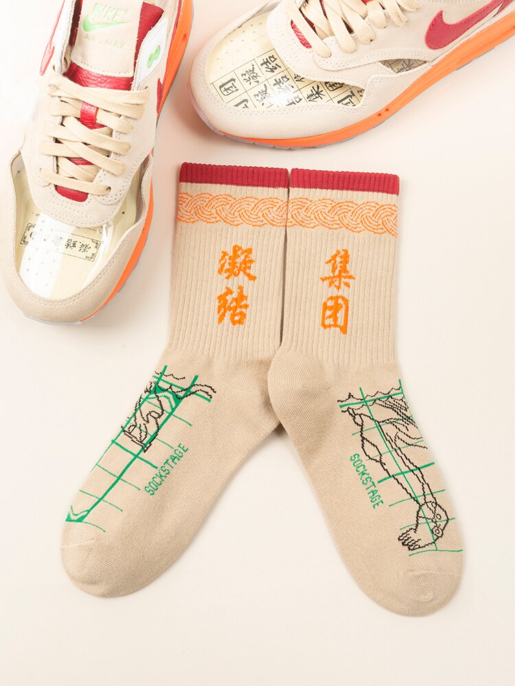 2Pairs = 1lot Set Gothic Crew Street Cotton Socks khaki Earth Tone Color Streetwear Meridian Chart Human Body Meridian