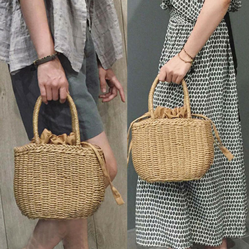 Sommer kvinder håndvævet rattan taske håndtaske halm pung flet strand solid afslappet håndtaske