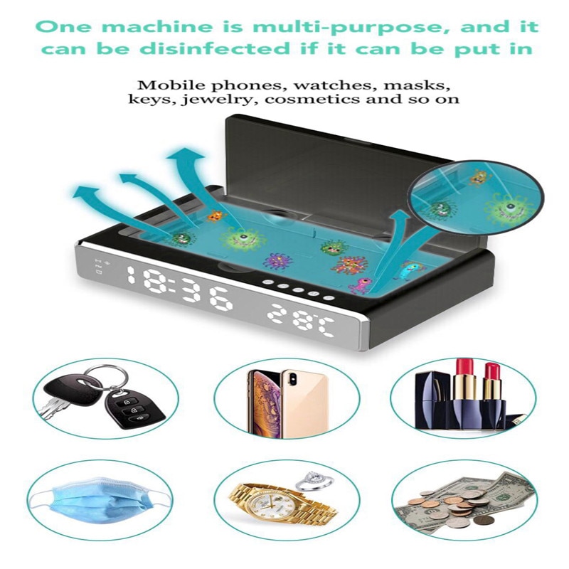 1pc Newest LED Mirror With UV Disinfection Of Mobile Phone Charger Alarm Clock Wireless Digital Thermometer Clock HD Clock