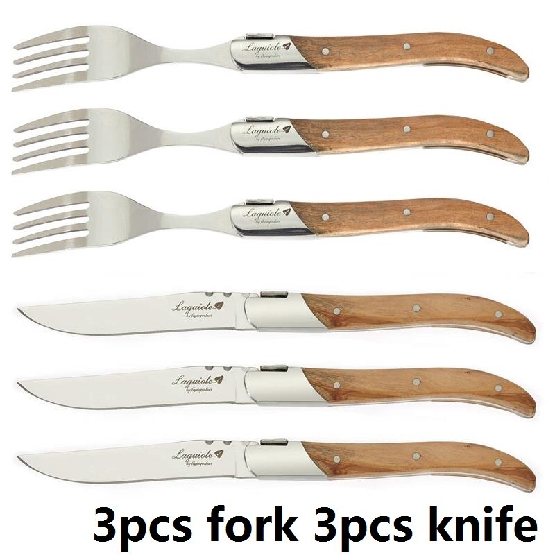 6Pcs Laguiole Steak Messen Diner Vork Olijf Houten Handvat Servies Set Rvs Westerse Bestek Keuken Xmas Servies: 3 Knife 3 Fork