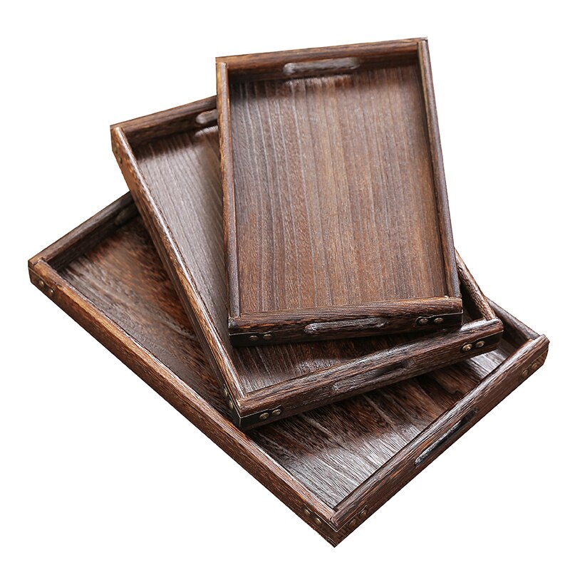 Japanese Style Paulownia Wood Serving Tea Tray Fruit or Food Tray Metal Edge Rectangular Solid Wood