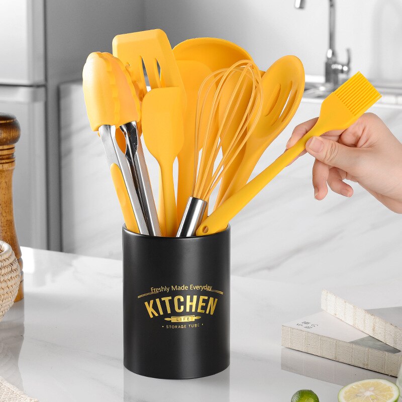 10PCS Food Grade Yellow Cooking Utensils Set Heat Resistant Non-Stick Cooking Utensils With Storage Box Silicone Kitchenware