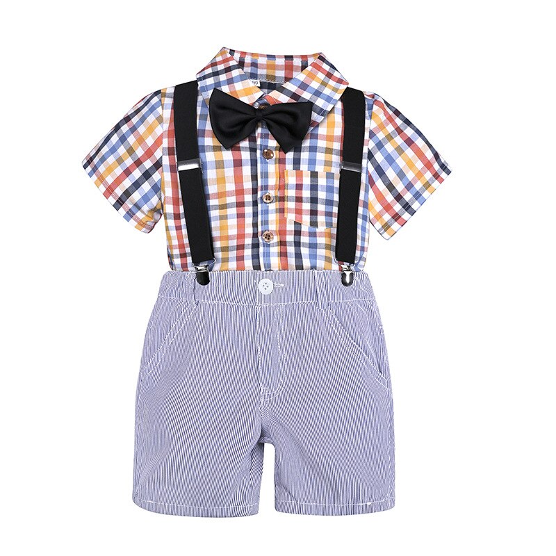 Baby drenge tøj sæt sommer herre jakkesæt sæt 2 stk børnetøj plaid t-shirt+strop bukser jakkesæt børnetøj 2 3 5 7 8: 2t