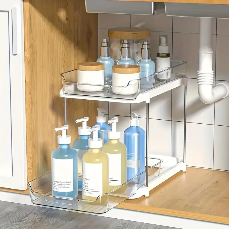 2 Layer Bathroom Organizer Pull Out Movable Counter Storage Rack with drawers Acrylic Multifunctional Under Sink Storage Shelf