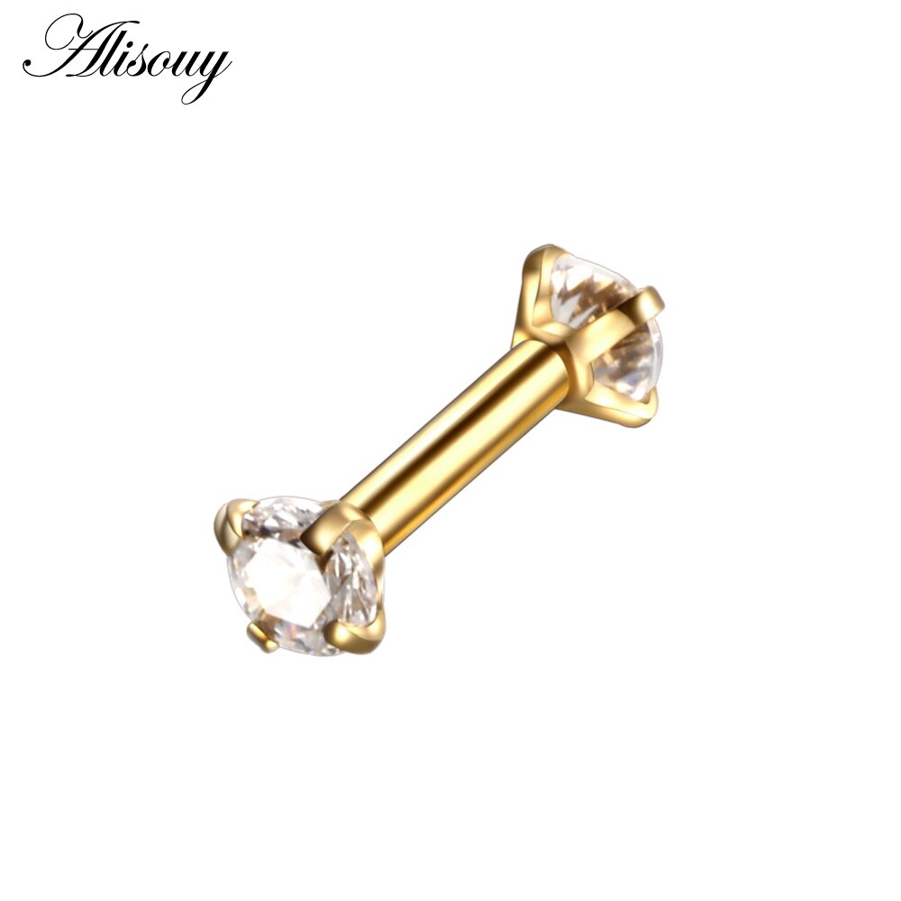 Dubbele Ronde Oorbel voor Vrouwen Chirurgisch Staal Bar Oorbellen Kraakbeen Piercing Oor Gem Zirkoon Rhinestone Ear Stud Bars Sieraden: Gold Clear CZ