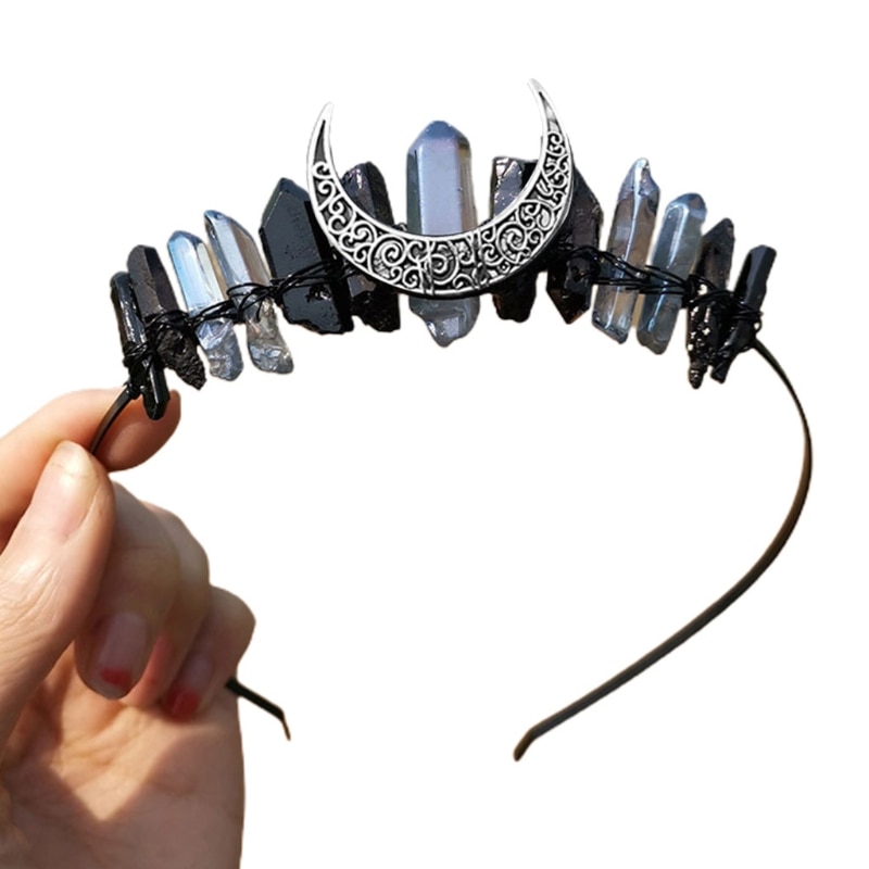 Handmade Faux Raw Crystal Headband Quartz Black Moon Bridal Alloy Tiara Crown Ladies Wedding Party Bridal Jewely Headdress