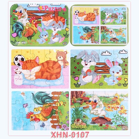 4 sztuk/pudło nowe cztery w jednym drewniane Puzzle zabawka dla dzieci zwierzęta/pojazd poznanie nauka zabawki edukacyjne dla dzieci MG-H01: XHN-0107