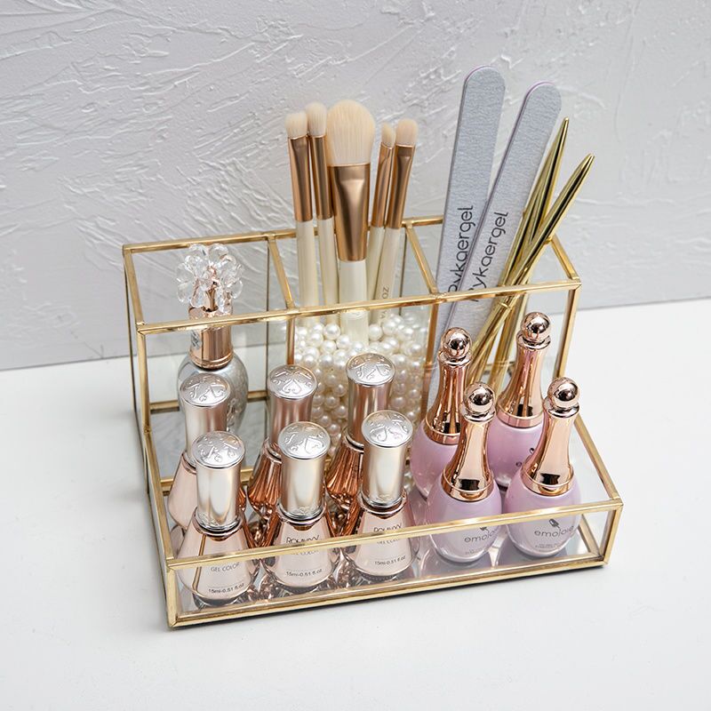 Glass Makeup Organizer Bathroom Cosmetic Organizer With Golden Covered Edge Pencil Box Perfume Makeup Tools Lipstick Organizer