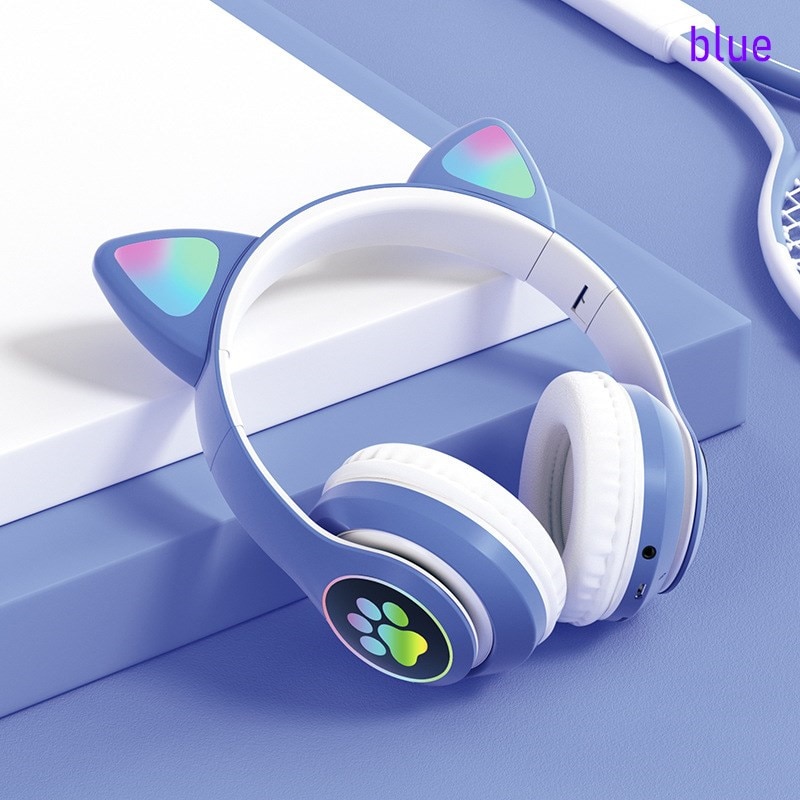 Flashing LED Cute Cat Ears Headphones Bluetooth Wireless Headset with Mic TF FM Kid Girl Stereo Music Earbud Kitten Earphon: 028-blue