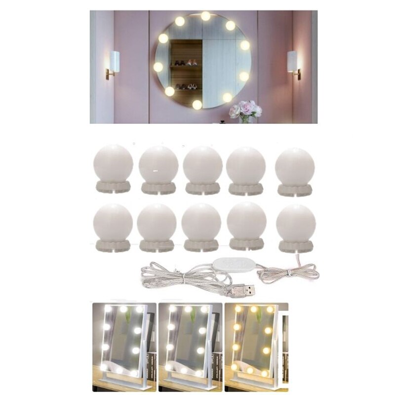 Miroir de maquillage à led style hollywood, lampe de maquillage usb, kit de 10 ampoules, éclairage 3 couleurs, éclairage de beauté