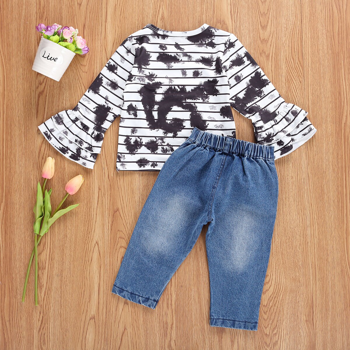 Spädbarn barn baby flicka halloween kläder set långärmade byxor kostym rand blommande tie dye t-shirt elastiska slitna jeans
