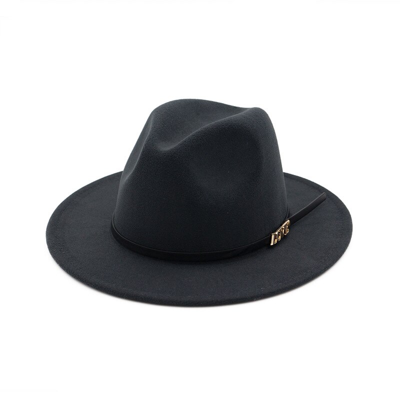 Men Wool Fedora Hat Wide Brim Women Faux Woolen Ladies Fedora LOVE Logo Jazz Hat Belt Caps Bowler Felt Hats Autumn Winter: Dark gray