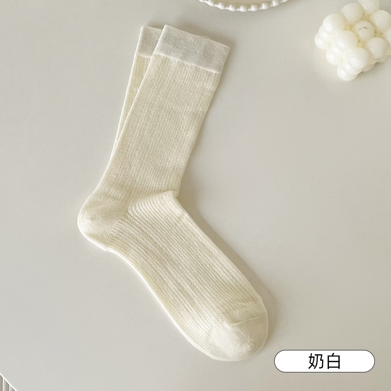 1Pair Women Thin Hollow Out Long Loose Socks JK Lolita Sweet Girls Japanese Solid Color Breathable Cotton Spring Summer Stocking: black